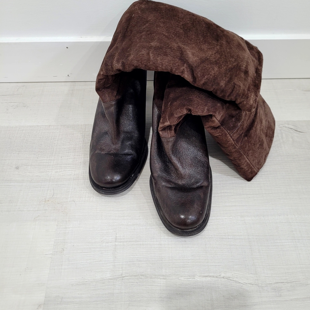 Women's Brown Suede & Leather Wood Heeled Boots - Picture 4 of 10
